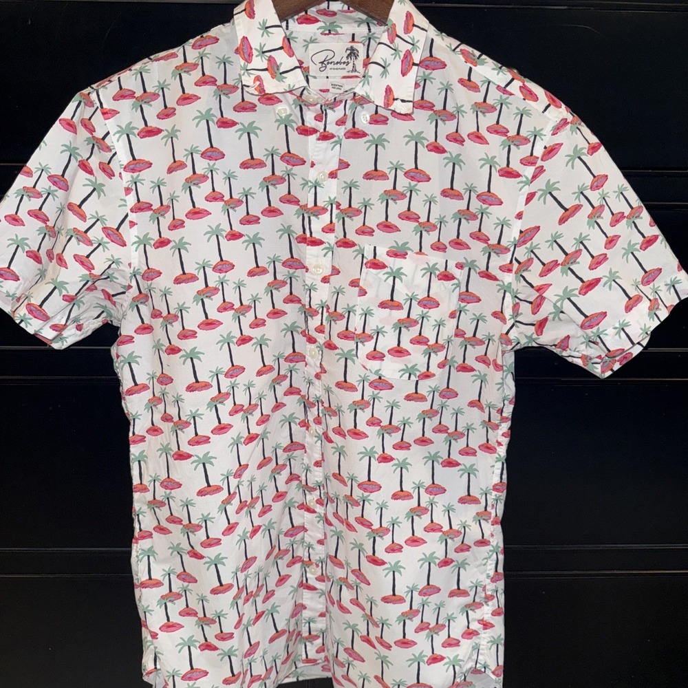 Bonobos Slim Fit White Island Hop Riviera Shirt Men's Medium White Pink Palms